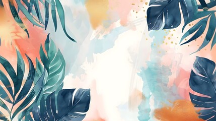 Abstract trendy universal artistic templates. Vector tropical leaves gold silhouettes on watercolor