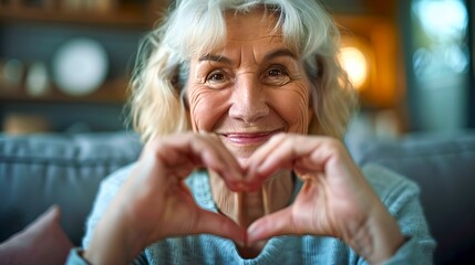 Happy elderly woman making a heart shape with her hands. Lovely smile and warm heart. Perfect for lifestyle and senior photography. AI