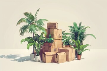 Pile of Cardboard Boxes with Houseplants, Neutral Background, Soft Light, Modern Photography