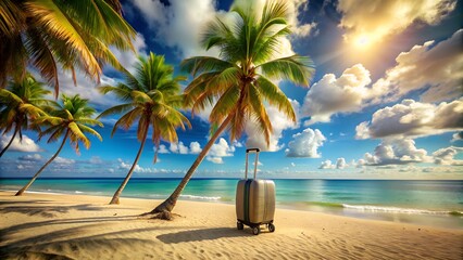 luggage, suitcase at the sand beach with palm trees