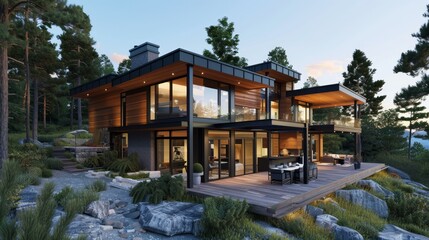 Fototapeta premium 3D render ofA wood siding exterior with a designer kitchen and scenic views.,photo realistic, high resolution photography, photographed in the style Photography