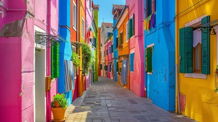 An alleyway adorned with colorful facades on the picturesque island of Burano in Venice, Veneto, Italy.