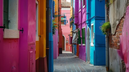 An alleyway adorned with colorful facades on the picturesque island of Burano in Venice, Veneto, Italy.