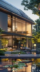 Fototapeta premium 3D render ofA solar-panel equipped house with an atrium and luxury interiors.,photo realistic, high resolution photography, photographed in the style Photography