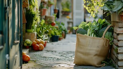 The concept of fresh organic vegetable delivery is depicted with a reusable bio eco sackcloth fabric bag standing near the entrance of a house door. 