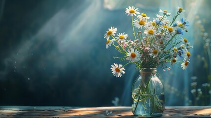 A romantic bouquet of meadow flowers, including chamomiles and cornflowers, arranged in a jar, illuminated by sunlight against a dark background