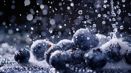 Sugar cascades onto blueberries against a black background, with selective focus capturing the scene.