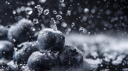 Sugar cascades onto blueberries against a black background, with selective focus capturing the scene.