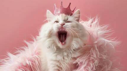 A white ragdoll cat wearing a pink coat and crown, mouth open in a playful expression.