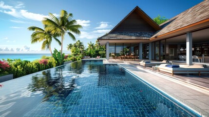 Fototapeta premium 3D render ofA gabled roof house with a library and an infinity pool.,photo realistic, high resolution photography, photographed in the style Photography