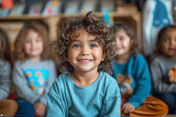 Obraz premium Happy Multiethnic Children Playing at Kindergarten, Focus on Child with Curly Hair