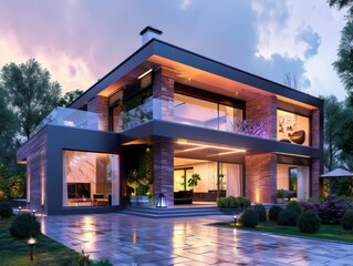 Impressionism of A modern house with a brick facade and a luxurious home theater.,splashes