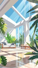 Fototapeta premium Minimalism of A solar-panel equipped house with an atrium and luxury interiors.,Surrealistic cartoon
