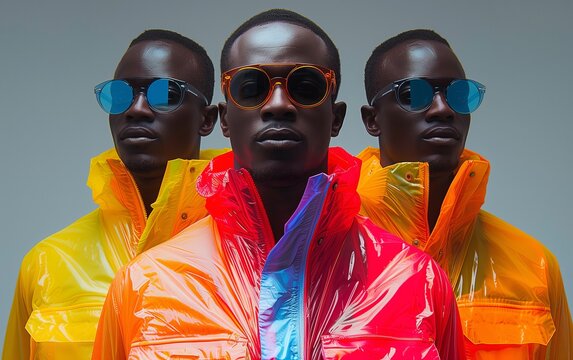 Black male models  in colorful reflective jacket with sunglasses