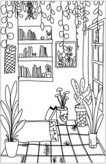 Coloring page of the interior of a cozy room with plants and bookshelf © rayannegraff