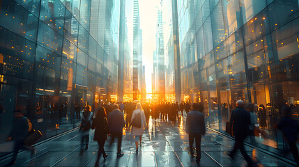 Office workers and pedestrians are walking through a bustling city street lined with tall, reflective glass skyscrapers just as the sun is setting