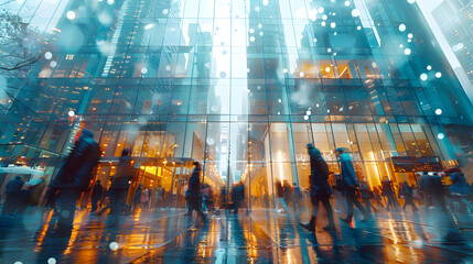 A bustling city street during a snowstorm. People hurry along the wet sidewalks, their reflections mirrored in the puddles. The towering skyscrapers their glass facades reflecting the city lights