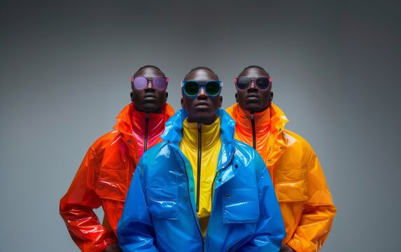 Male models with colorful jackets in a photo studio