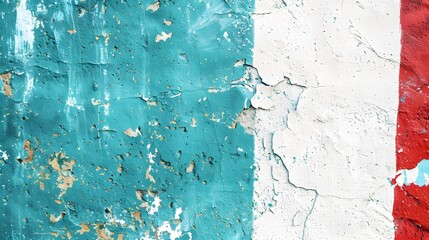 Closeup of colorful teal, blue and red urban wall texture with white white paint stroke. Modern pattern for design. Creative urban city background. Grunge messy street style background with copy space