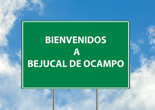 Siguiente salida Bienvenidos a. bejucal de ocampo se&ntilde;al verde sobre fondo de cielo azul. Colecci&oacute;n de se&ntilde;ales de tr&aacute;fico conceptuales