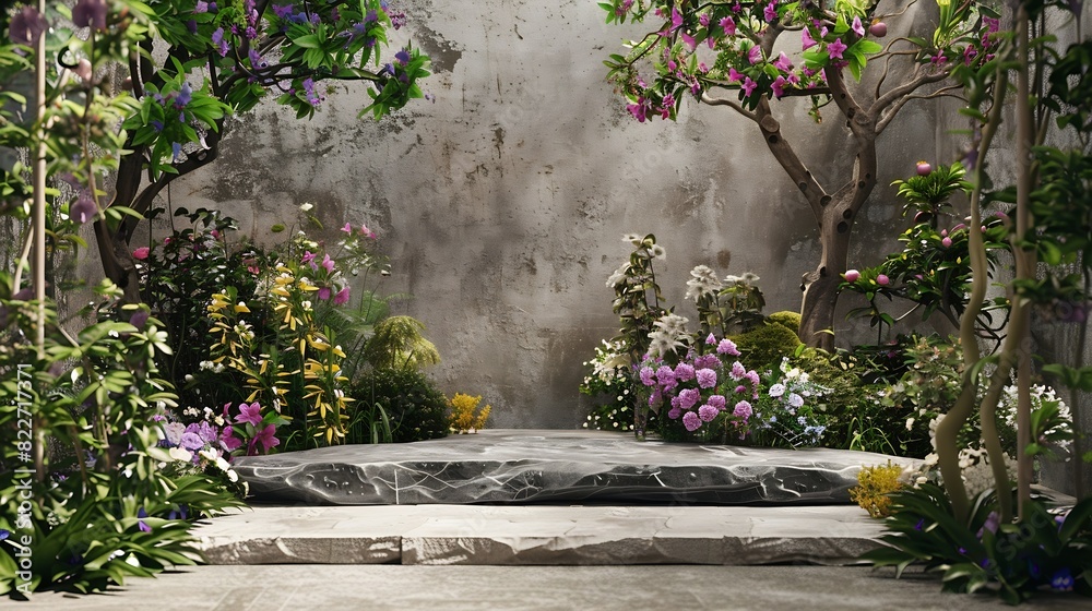 Poster Front view of the stone podium showcases products in a garden with flowers plants and branches Empty platform : Generative AI