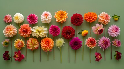 Assorted Colorful Dahlias Lined Up on Green Background, Floral Array for Spring. Elegant Natural Pattern for Design. Simple Beauty in Nature. AI