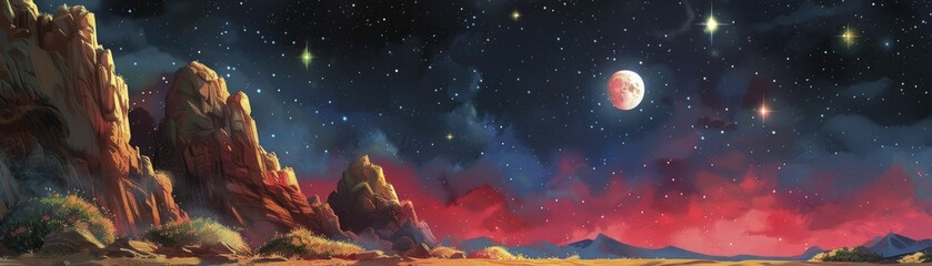 Calm minimalist cosmic landscape in soft pastel tones for playroom wall art celebrating the wonders of the universe.