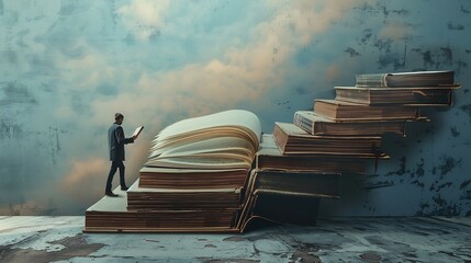 The man climbs the stairs to the open book Art collage : Generative AI