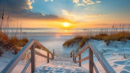 Stunning sunset beach scene with stairs leading to sand dunes and ocean water travel adventure on the coast - Powered by Adobe