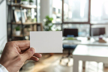 Blank business card held by a person with an office background