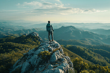 Adventurous hiker standing on top of a mountain looking the horizon
