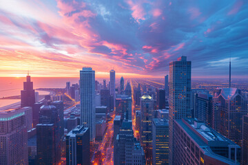 Fototapeta premium Aerial view of a vibrant city skyline at sunset