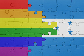 puzzle with the colourful national flag of honduras and rainbow gay pride flag .