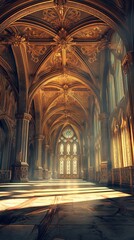 The silent grandeur of an empty throne room, its high ceilings adorned with intricate carvings and gilded moldings. Sunlight streams in through stained glass windows, 