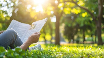 A person sitting outside on a sunny day reading a long and thoughtful article in their hands.