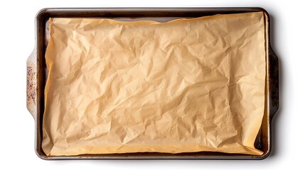 Baking sheet with brown parchment paper isolated on a white background Empty oven tray for baking and roasting Rectangular baking pan for food design Nonstick kitchen utensils Top view : Generative AI