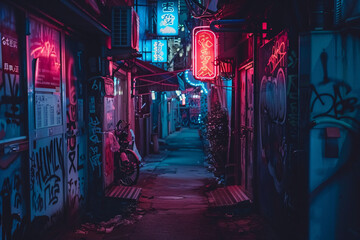 Obraz premium Cyberpunk alleyway with graffiti neon signs and shadow