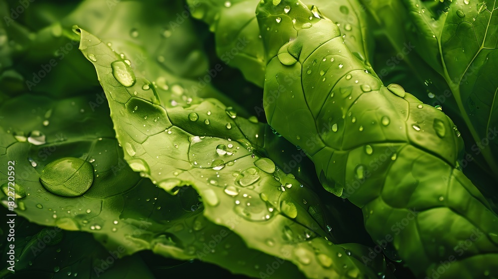Poster closeup macro view of fresh green lettuce leaves with water drops high resolution : generative ai