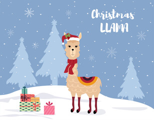 Modern flat design with llama and gift boxes. Postcard template for Christmas and New Year. Wildlife cartoon character. Winter illustration, design for nursery, poster, birthday greeting card. Vector