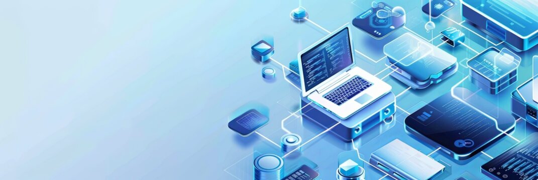 Isometric icon of a laptop computer surrounded by various electronic devices in white and blue colors. Ideal for computer service and tech repair banners. Generative AI