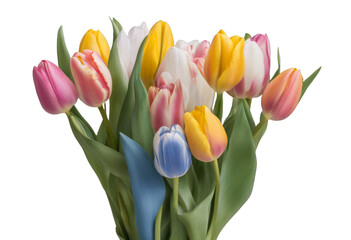 Obraz premium background floral arrangement yellow artwork bunch set pink tulip png bouquet white tulips flower leaves mockup blue transparent template mixed collection