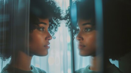 An image of a person looking into a mirror with the prompt What does selflove mean to you