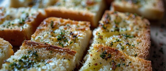 Macro food shot on the texture of garlic bread. Copy space area for text. Background, banner, template, events card.