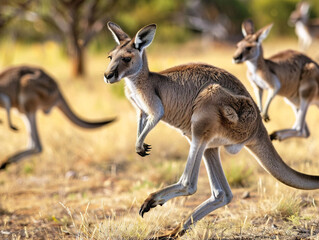 Flock of kangaroos bounding through Australian outback under the golden sun, captured in motion blur.