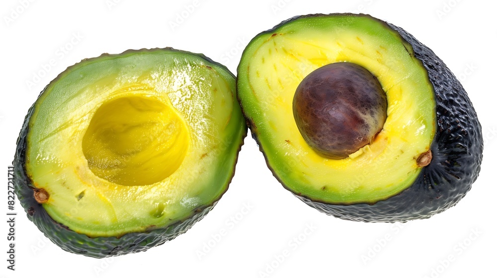 Poster Avocado cut in half isolated on white background Clipping path : Generative AI