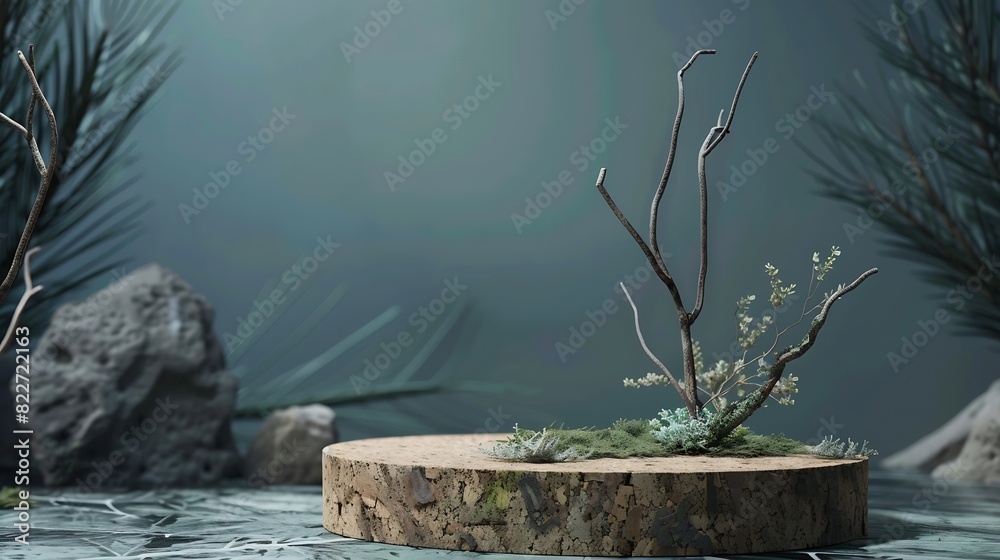 Poster abstract north nature scene with a composition of lichen pine branches and dry snags place your prod