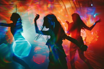 Brightly colored photograph of two women dancing in a disco, party background 