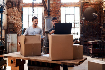 Laptop, boxes or men in workshop for delivery, order or manufacturing trade in small business....