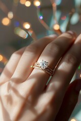 Close up of a woman wearing a diamond engagement ring, yellow gold band, sunset, simple design