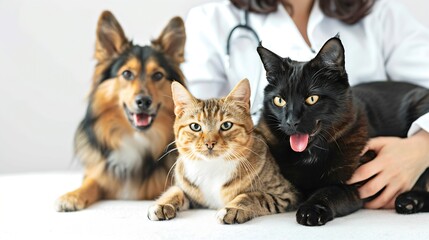 Veterinarian doc with dog and cat on white background : Generative AI